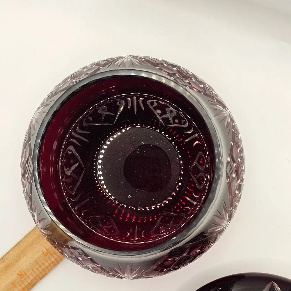 Vintage Bohemian Czech Ruby Red Cut to Clear Glass Canister Jar Crystal Lid 9.5